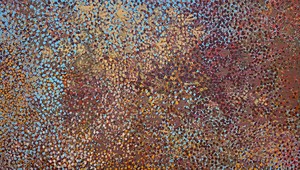 Emily Kame Kngwarreye, Song of the Emu, 1991. Synthetic polymer on linen, 47 ⅞ × 83 ⅞ inches (121.5 × 213 cm) © Emily Kame Kngwarreye/Copyright Agency. Licensed by Artists Rights Society (ARS), New York, 2020