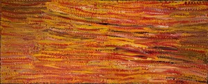 Emily Kame Kngwarreye, Desert Ceremony, 1994. Synthetic polymer on linen, 48 × 119 ¾ inches (122 × 304 cm) © Emily Kame Kngwarreye/Copyright Agency. Licensed by Artists Rights Society (ARS), New York, 2020