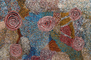 Bill Whiskey Tjapaltjarri, Country and Rockholes near the Olgas, 2006. Synthetic polymer on linen, 48 × 72 ⅞ inches (122 × 185 cm) © Bill Whiskey Tjapaltjarri