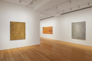 Installation view. Artwork, left and right: © Yukultji Napangati/Copyright Agency. Licensed by Artists Rights Society (ARS), New York, 2020; center: © Emily Kame Kngwarreye/Copyright Agency. Licensed by Artists Rights Society (ARS), New York, 2020