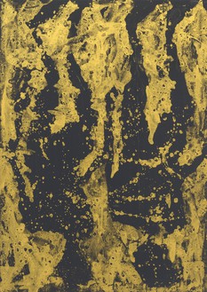 Georg Baselitz, Da sind zwei Figuren im alten Stil (That’s two figures in the old style), 2019 Oil and painter’s gold varnish on canvas, 118 ⅛ × 83 ½ inches (300 × 212 cm)© Georg Baselitz. Photo: Jochen Littkemann