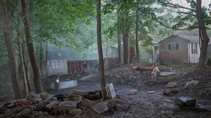 Gregory Crewdson, Funerary Back Lot, 2018–19. Digital pigment print, image: 50 × 88 ⅞ inches (127 × 225.7 cm), framed: 57 × 96 × 2 inches (144.8 × 243.8 × 5.1 cm), edition of 4 + 2 AP © Gregory Crewdson