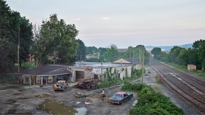 Gregory Crewdson, The Taxi Depot, 2018–19. Digital pigment print, image: 50 × 88 ⅞ inches (127 × 225.7 cm), framed: 57 × 96 × 2 inches (144.8 × 243.8 × 5.1 cm), edition of 4 + 2 AP © Gregory Crewdson