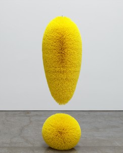 Richard Artschwager, Exclamation Point (Yellow), 2001. Plastic bristles, mahogany, and latex, in 2 parts, overall: 65 × 22 × 22 inches (165.1 × 55.9 × 55.9 cm), edition of 3 © 2020 Richard Artschwager/Artists Rights Society (ARS), New York