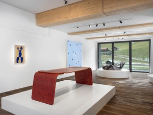 Installation view. Artwork, left to right: © Succession Yves Klein/Artists Rights Society (ARS), New York/ADAGP, Paris 2020; © Marc Newson; © Damien Hirst and Science Ltd. All rights reserved, DACS 2020; © Marc Newson. Photo: Julien Gremaud