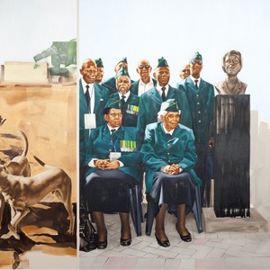 Meleko Mokgosi, Bread, Butter, and Power, 2018 (detail). Oil, acrylic, bleach, graphite, photo and pigment transfer, and permanent marker on canvas, with plastic sleeve, in 21 parts; 1 part: 108 × 72 inches (274.3 × 182.9 cm), 18 parts, each: 96 × 96 inches (243.8 × 243.8 cm), 1 part: 96 × 132 inches (243.8 × 335.3 cm), 1 part: 84 × 12 × 12 inches (213.4 × 30.5 × 30.5 cm) © Meleko Mokgosi
