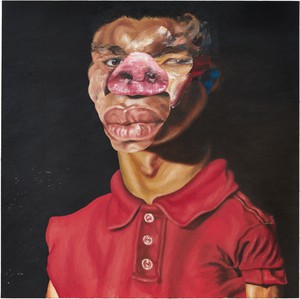 Nathaniel Mary Quinn, Pig Target, 2020. Oil paint, paint stick, and oil pastel on linen over wood panel, 36 × 36 inches (91.4 × 91.4 cm) © Nathaniel Mary Quinn. Photo: Rob McKeever