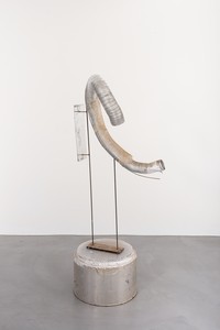 Rudolf Polanszky, Tube Sculpture, 2009. Aluminum tube, resin, acrylic, acrylic glass, and mirror foil on metal stand with metal table, 70 ⅛ × 32 ¾ × 23 ⅝ inches (178 × 83 × 60 cm)