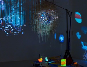 Sarah Sze, Plein Air (Times Zero), 2020 (detail). Mixed media, including wood, stainless steel, video projectors, archival paper, toothpicks, clamps, ruler, and tripods, installation dimensions variable © Sarah Sze. Photo: Thomas Lannes