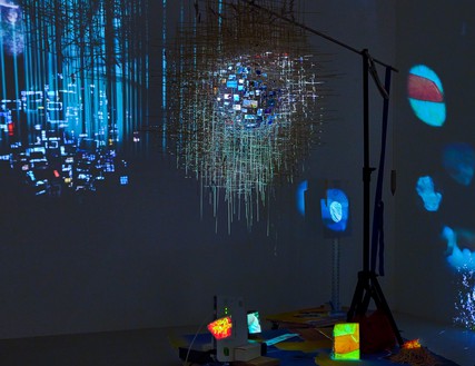 Sarah Sze, Plein Air (Times Zero), 2020 (detail) Mixed media, including wood, stainless steel, video projectors, archival paper, toothpicks, clamps, ruler, and tripods, installation dimensions variable© Sarah Sze. Photo: Thomas Lannes