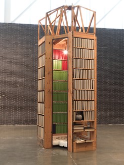 Theaster Gates, New Egypt Sanctuary of the Holy Word and Image, 2017 Wood, marble, bound publications, found objects, and light, 188 × 81 × 72 inches (477.5 × 205.7 × 182.9 cm)© Theaster Gates. Photo: Rob McKeever