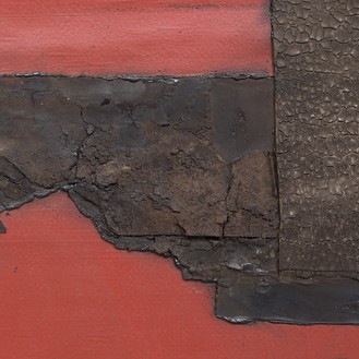 Theaster Gates, Top Heavy, 2020 (detail) Industrial oil-based enamel, rubber torch down, bitumen, wood, and copper, 108 × 108 inches (274.3 × 274.3 cm)© Theaster Gates. Photo: Jacob Hand