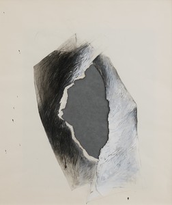 Jay DeFeo, Untitled (Tripod series), 1975. Acrylic, graphite, grease pencil, tape, paper, and vellum on paper, 23 ¼ × 19 ⅝ inches (59.1 × 49.8 cm) © 2020 The Jay DeFeo Foundation/Artists Rights Society (ARS), New York. Photo: Robert Divers Herrick