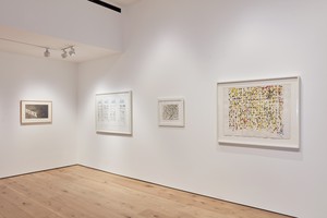 Installation view. Artwork, left to right: © Ed Ruscha; © Damien Hirst and Science Ltd. All rights reserved/DACS, London/ARS, New York 2020; ©️ 2020 Brice Marden/Artists Rights Society, New York