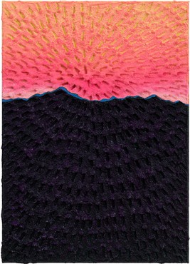 Jennifer Guidi, Light on the Mountain (Painted Green Sand #7A, Light Pink-Pink-Orange-Yellow Sky, Dark Purple-Blue Mountain, Green Ground), 2020
