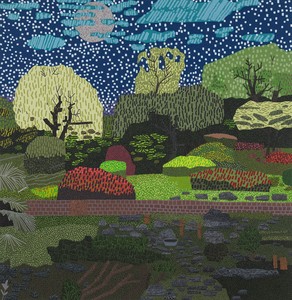 Jonas Wood, Japanese Garden with Moon and Stars, 2020. Oil and acrylic on canvas, 72 × 70 inches (182.9 × 177.8 cm) © Jonas Wood