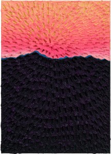 Jennifer Guidi, Light on the Mountain (Painted Green Sand #7A, Light Pink-Pink-Orange-Yellow Sky, Dark Purple-Blue Mountain, Green Ground), 2020. Sand, acrylic, and oil on linen, 21 × 15 inches (53.3 × 38.1 cm) © Jennifer Guidi. Photo: Rob McKeever