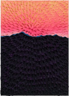 Jennifer Guidi, Light on the Mountain (Painted Green Sand #7A, Light Pink-Pink-Orange-Yellow Sky, Dark Purple-Blue Mountain, Green Ground), 2020 Sand, acrylic, and oil on linen, 21 × 15 inches (53.3 × 38.1 cm)© Jennifer Guidi. Photo: Rob McKeever