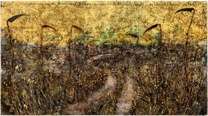Anselm Kiefer, Aus Herzen und Hirnen sprießen die Halme der Nacht (From Hearts and Brains the Stalks of Night Are Sprouting), 2019–20. Emulsion, oil, acrylic, shellac, straw, gold leaf, wood, and metal on canvas, 185 ⅛ × 330 ¾ inches (470 × 840 cm) © Anselm Kiefer. Photo: Georges Poncet