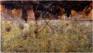 Anselm Kiefer, Sichelschnitt (Sickle Cut), 2019. Emulsion, oil, acrylic, shellac, resin, gold leaf, wood, and metal on canvas, 185 ⅛ × 330 ¾ inches (470 × 840 cm) © Anselm Kiefer. Photo: Georges Poncet