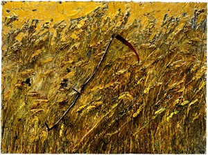 Anselm Kiefer, Kornfeld mit Schnitter—für V. v. Gogh (Cornfield with Scythe—for V. v. Gogh), 2019–20. Emulsion, oil, acrylic, shellac, gold leaf, wood, and metal on canvas, 110 ¼ × 149 ⅝ inches (280 × 380 cm) © Anselm Kiefer. Photo: Georges Poncet