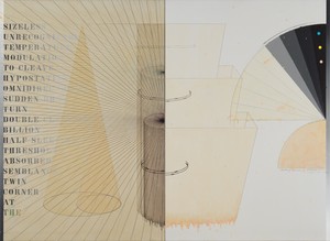 Arakawa, Waiting Voices, 1976–77. Acrylic, graphite, marker, and varnish on canvas and linen, in 2 parts, overall: 70 × 96 inches (177.8 × 243.8 cm) © 2021 Estate of Madeline Gins. Reproduced with permission of the Estate of Madeline Gins. Photo: Rob McKeever