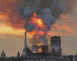 Damien Hirst, Notre-Dame on Fire, 2019. Oil on canvas, 16 × 20 ⅛ inches (40.5 × 51 cm) © Damien Hirst and Science Ltd. All rights reserved, DACS 2021. Photo: Prudence Cuming Associates