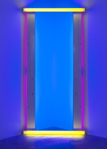 Dan Flavin, untitled (to Barnett Newman) two, 1971. Medium yellow, red, and blue fluorescent light, 95 ⅞ × 47 ⅞ × 7 ⅞ inches (243.5 × 121.6 × 20 cm), edition 1/5 © 2021 Stephen Flavin/Artists Rights Society (ARS), New York. Photo: Rob McKeever