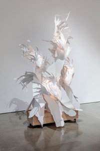 Frank Gehry, Untitled Standing Fish (Los Angeles VII), 2021. ColorCore, stainless steel wire, LED lights, and timber, 151 × 87 × 75 inches (383.5 × 221 × 190.5 cm) © Frank O. Gehry. Photo: Josh White