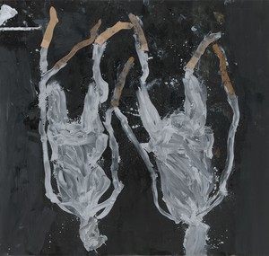 Georg Baselitz, Displaced Persons, 2020. Oil, dispersion adhesive, and nylon stockings on canvas, 116 ⅛ × 122 ⅛ inches (195 × 310 cm) © Georg Baselitz 2020. Photo: Jochen Littkemann