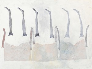 Georg Baselitz, Spaziergang am Meer, 2021. Acrylic, dispersion adhesive, fabric, and nylon stockings on canvas, 118 ⅛ × 157 ½ inches (300 × 400 cm) © Georg Baselitz 2021. Photo: Jochen Littkemann