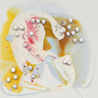 Helen Marden, Bay, 2020 Resin, powdered paint, glass, and shells on linen, 50 × 50 inches (127 × 127 cm)© 2021 Helen Marden/Artists Rights Society (ARS), New York. Photo: Rob McKeever