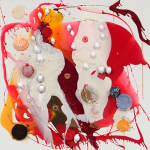 Helen Marden, Simmer, 2020. Resin, powdered paint, shells, glass, and porcupine quills on linen, 50 × 50 inches (127 × 127 cm) © 2021 Helen Marden/Artists Rights Society (ARS), New York. Photo: Rob McKeever