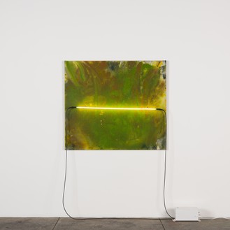 Mary Weatherford, Meadow Larks’ Nest, 2020 Flashe and neon on linen, 44 × 50 inches (111.8 × 127 cm)© Mary Weatherford. Photo: Fredrik Nilsen Studio
