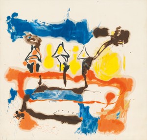 Helen Frankenthaler, Fable, 1961. Oil and charcoal on unsized, unprimed canvas, 94 ½ × 99 inches (240 × 251.5 cm) © 2021 Helen Frankenthaler Foundation, Inc./Artists Rights Society (ARS), New York. Photo: Rob McKeever