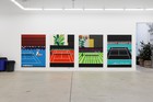 Four paintings of tennis courts by Jonas Wood in his studio in Los Angeles