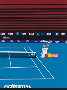 Jonas Wood, Australian Open with Red Lines, 2021. Oil and acrylic on canvas, 88 × 66 inches (223.5 × 167.6 cm) © Jonas Wood. Photo: Marten Elder