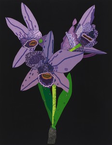Jonas Wood, Purple Dog-Faced Orchid, 2021. Oil and acrylic on canvas, 58 × 45 inches (147.3 × 114.3 cm) © Jonas Wood. Photo: Marten Elder