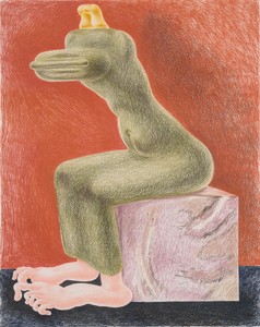 Louise Bonnet, Seated Sphinx Pink Marble, 2021. Colored pencil on paper, 24 × 19 inches (61 × 48.3 cm) © Louise Bonnet. Photo: Jeff McLane