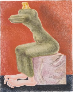 Louise Bonnet, Seated Sphinx Pink Marble, 2021. Colored pencil on paper, 24 × 19 inches (61 × 48.3 cm) © Louise Bonnet. Photo: Jeff McLane