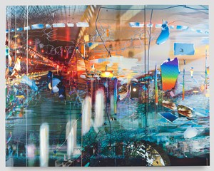 Sarah Sze, Free Fall, 2021. Oil, acrylic, acrylic polymers, ink, aluminum, diabond, and wood, 84 × 106 inches (213.4 × 269.2 cm) © Sarah Sze. Photo: Sarah Sze Studio