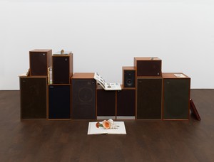 Grace Wales Bonner, Darkness and Light, 2021. Speakers, books, and mixed media, 38 ⅜ × 102 ⅜ × 31 ½ inches (97.5 × 260 × 80 cm) © Grace Wales Bonner. Photo: Prudence Cuming Associates Ltd