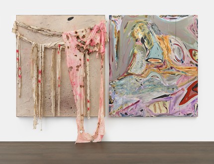 Manuel Mathieu, toofarfromhome, 2021 Acrylic, chalk, charcoal, paper, fabric, ink, soil, and tape, in 2 parts, each: 72 × 60 inches (182.9 × 152.4 cm)© Manuel Mathieu. Photo: Prudence Cuming Associates