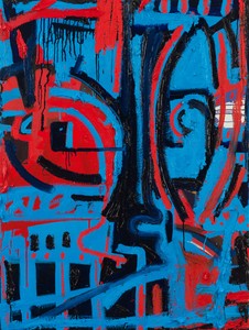 Spencer Sweeney, Atonal Music Mask Blue and Red: After Cecil Taylor, 2020. Oil, oil stick, and distemper on linen, 41 ½ × 30 ½ inches (105.4 × 77.5 cm) © Spencer Sweeney. Photo: Rob McKeever