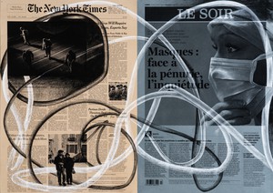 Tatiana Trouvé, March 23rd, The New York Times, USA; Le Soir, Belgium, from the series From March to May, 2020. Inkjet print and pencil on paper, 16 ⅝ × 23 ¼ inches (42.1 × 59.1 cm) © Tatiana Trouvé. Photo: Florian Kleinefenn