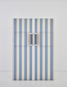 Daniel Buren, Lucarne, 1987. Acrylic on striped canvas, in 2 parts, foreground: 82 ¾ × 55 ⅛ inches (210 × 140 cm), on wall: 17 ⅜ × 17 ⅜ inches (44 × 44 cm) © DB-ADAGP, Paris, 2022. Photo: Thomas Lannes