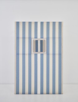 Daniel Buren, Lucarne, 1987 Acrylic on striped canvas, in 2 parts, foreground: 82 ¾ × 55 ⅛ inches (210 × 140 cm), on wall: 17 ⅜ × 17 ⅜ inches (44 × 44 cm)© DB-ADAGP, Paris, 2022. Photo: Thomas Lannes