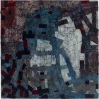 Abstract painting made up of rectangular shapes in red, blue, purple, and white collage and acrylic