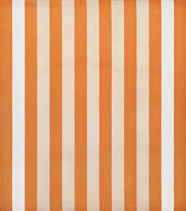 Daniel Buren, Peinture acrylique blanche sur tissu rayé blanc et orange, 1969. Acrylic on striped cotton canvas, 59 ¼ × 52 inches (150.5 × 132 cm) © DB-ADAGP, Paris, 2022. Photo: Thomas Lannes