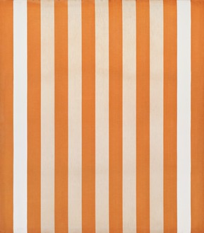 Daniel Buren, Peinture acrylique blanche sur tissu rayé blanc et orange, 1969 Acrylic on striped cotton canvas, 59 ¼ × 52 inches (150.5 × 132 cm)© DB-ADAGP, Paris, 2022. Photo: Thomas Lannes